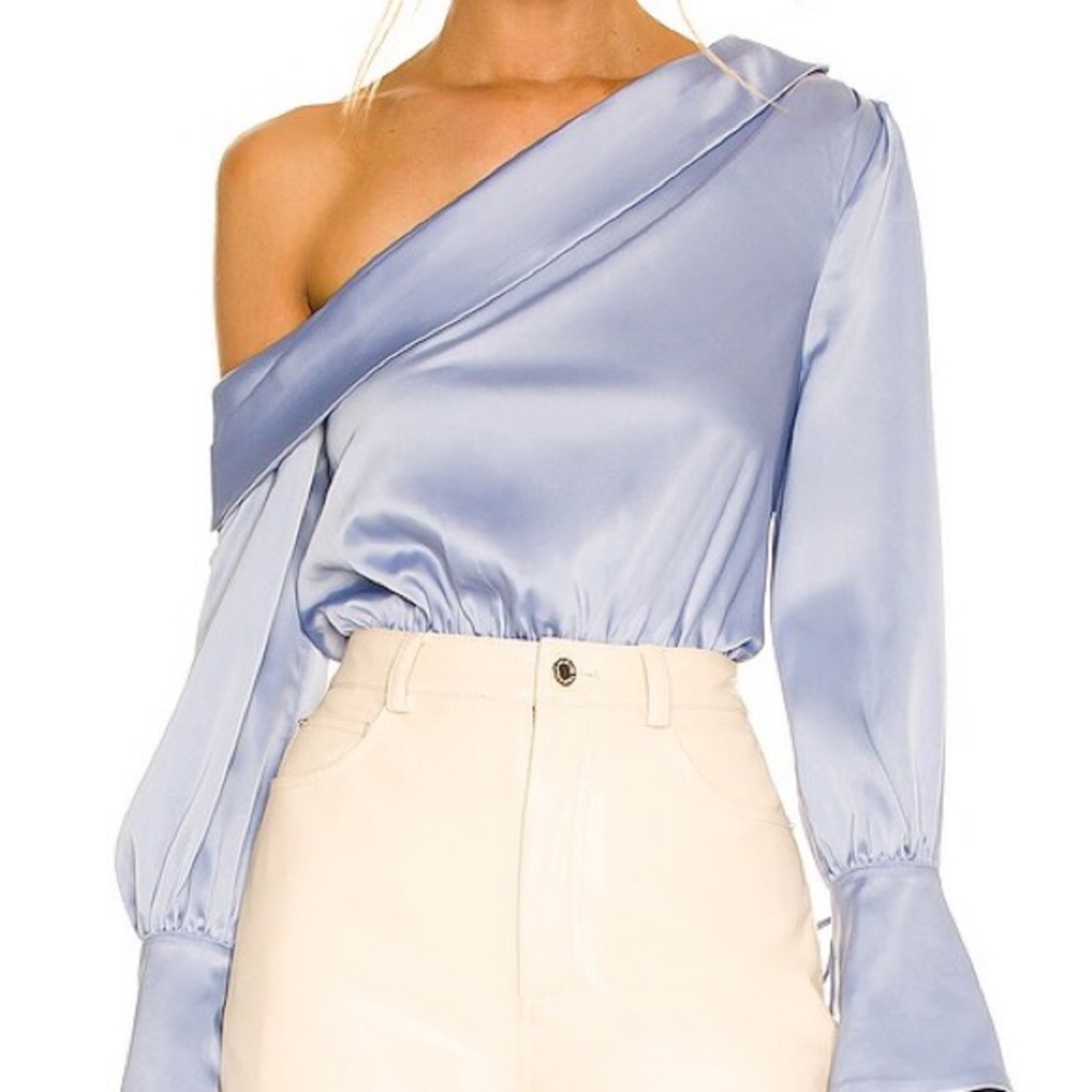 Camila Coelho Revolve Dusty Blue Satin One Shoulder Adriana Bodysuit